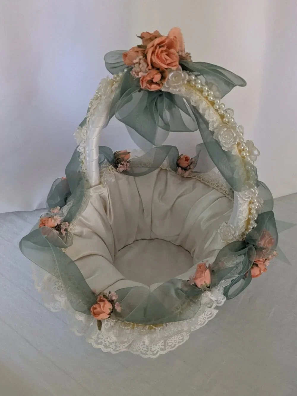 Handmade Lace Pearls Roses & Satin Wedding Baby Cheer Gift Basket